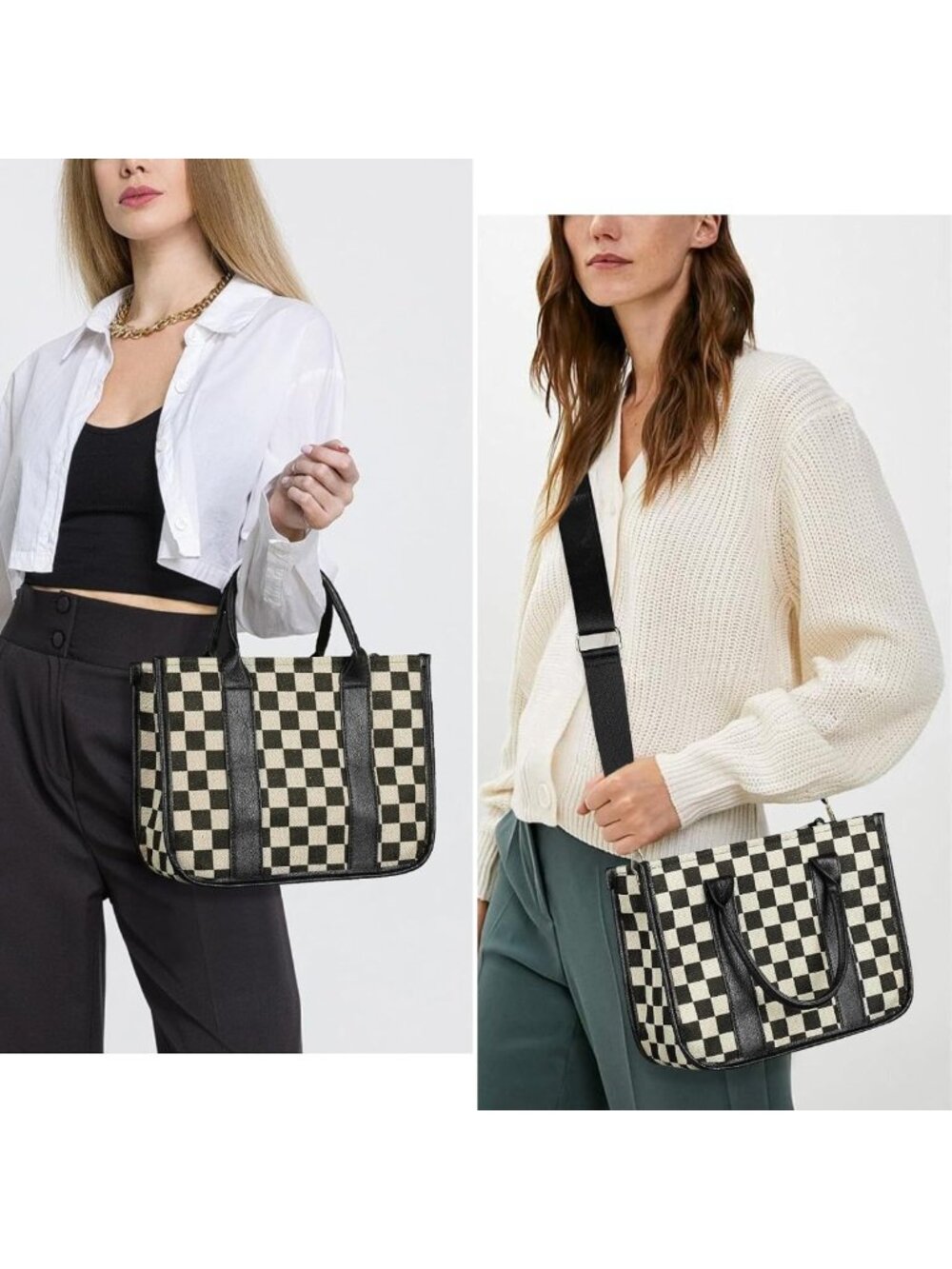 Chic Black and White Checkered Crossbody Tote Bag | Casual Purse for Work - Picture 8 of 8